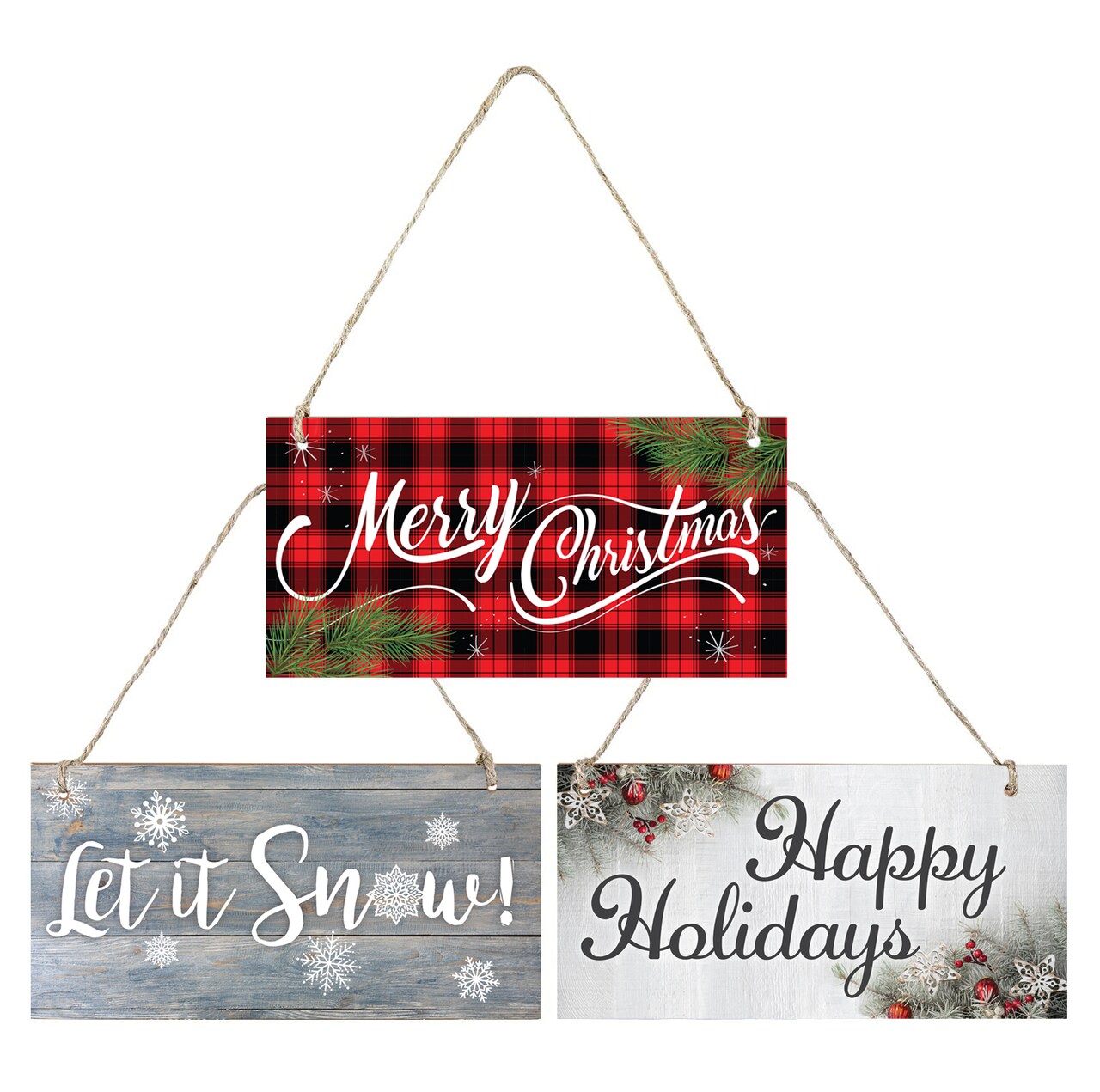 Great Papers! Holiday Wood Signs with Twine Rope, Merry Christmas, Happy Holidays, Let it Snow, 4" x 12", 3 Pack
